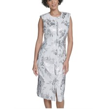 Calvin Klein Sleeveless Foil Printed Sheath Dress Silver Grey Floral NWT Size 8