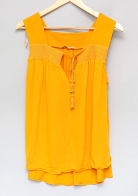 Zara Women's W/B Collection Mustard Yellow Tassel Tie Neck Blouse- Medium