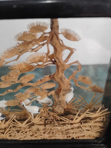 Chinesische Korkkunst Vintage 8"x5" Kraniche seltene Pagode Baum Kunst Landschaft Schnitzerei - Bild 7 von 12