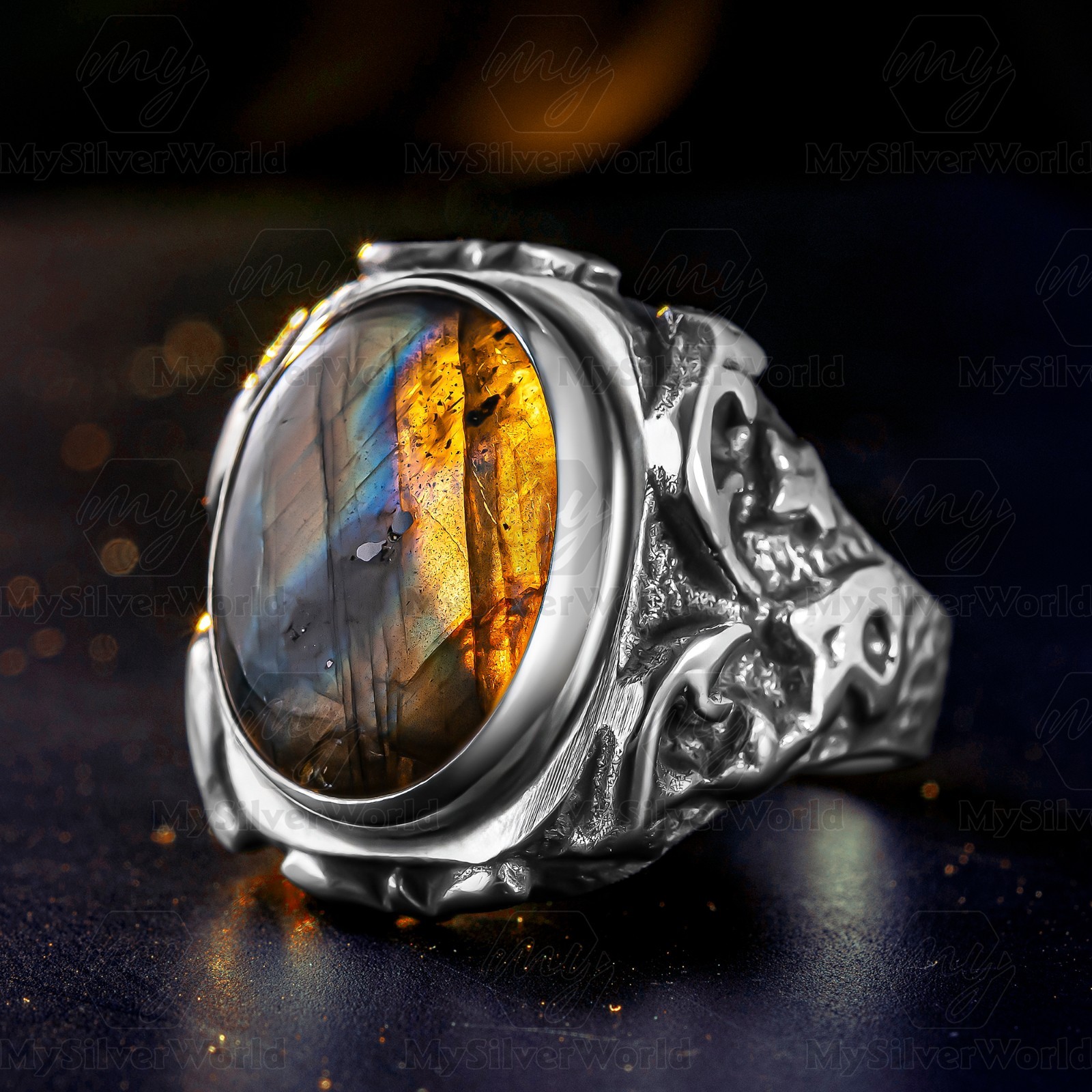 Men's 925 Sterling Silver Oval Cabochon Natural Labradorite Stone Handmade Ring