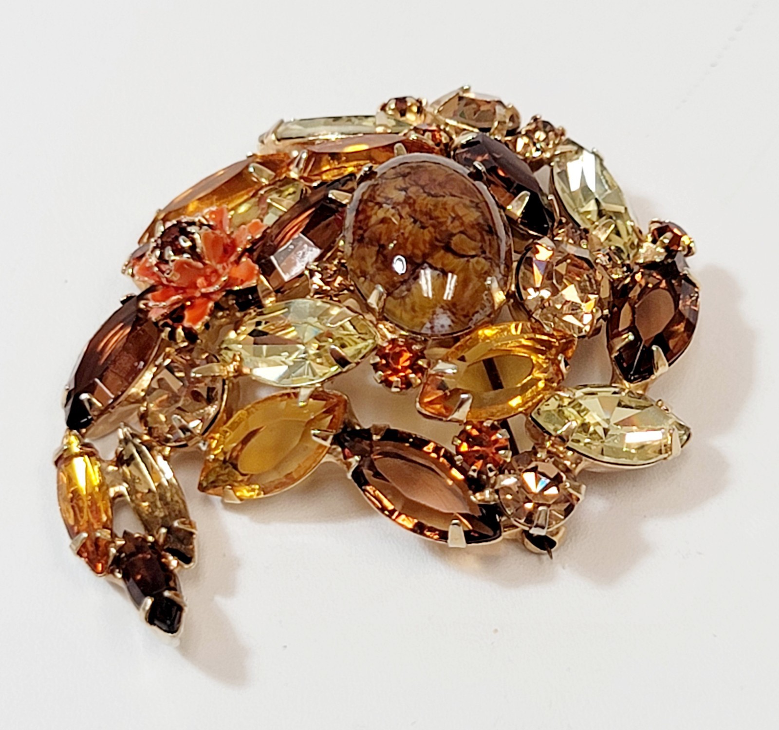 Vintage Alice Caviness Yellow Topaz Rhinestone Art Glass Enamel Flower Brooch