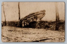 WWI British Mark V Military Tank Wreaked In Trench Soldiers Cambrai RPPC