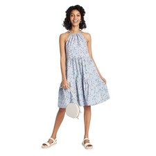 A New Day XS Floral Halter Tiered Midi Dress Light Blue Polyester Women's Summer