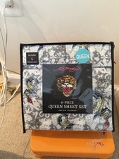 Ed Hardy Queen 6pc Bed Sheet Set Fire Flying Dragon Tattoo White Grey