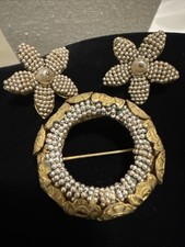 MIRIAM HASKELL Signed Wreath Brooch/Pin  Earrings Faux Pearls