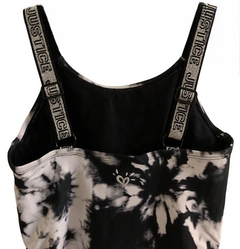 Justice Girls Swimsuit Black 8 1 Piece Adjustable Straps Lined Tie Dye Logo - Picture 11 of 12