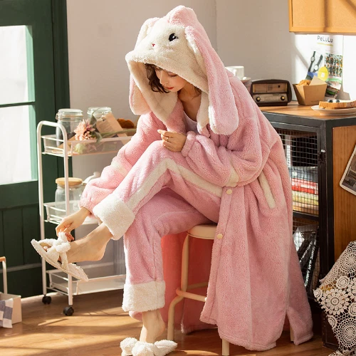 Accappatoio donna autunno inverno spesso con cappuccio dolce flanella vestaglia abito lungo pile - Foto 6 di 31