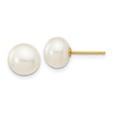 14k Yellow Gold 7-8mm White Button Freshwater Cultured Pearl Stud Earrings 0.1gm