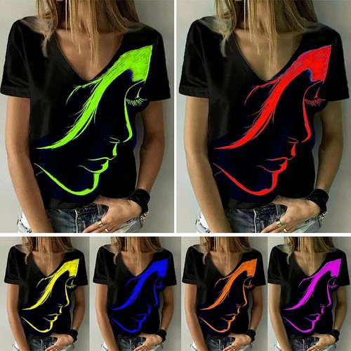 Womens Gradient V Neck Tops T-Shirt Summer Loose Short Sleeve Tee Blouse Shirt// - Picture 2 of 61