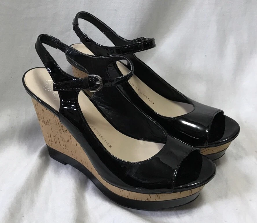Franco Sarto Safari Black Patent Heels Peep Toe Women s 7M Cork Wedges Slingback
