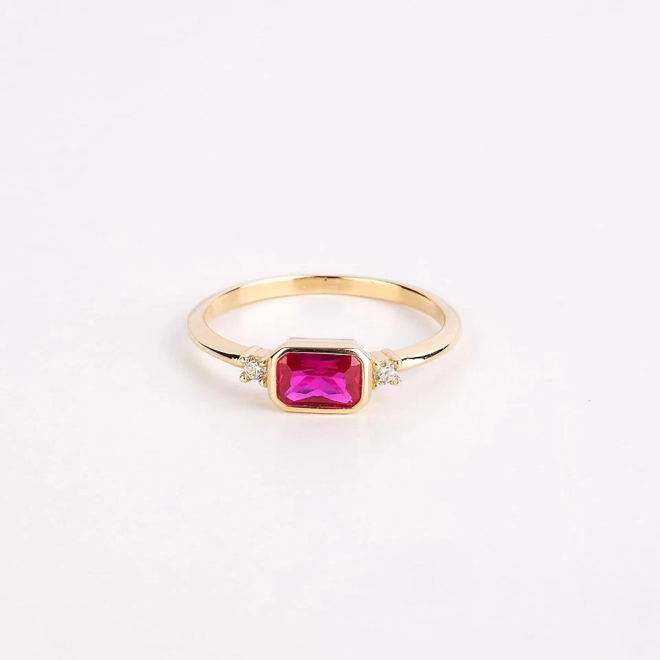 14k Solid Gold Lab-Created Ruby Ring Birthstone Jewelry for Women Her Ladie's - Image 4 of 4