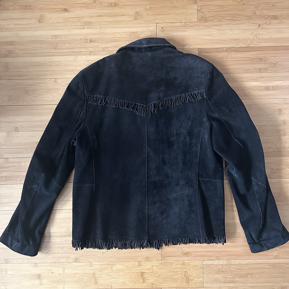 Vintage Pioneer Wear Western Fringe Jacket Size 44L Black Suede