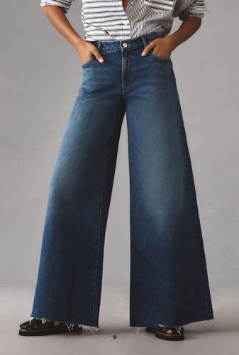 Mother The Swisher Sneak Fray Wide Leg Jean Womens 32 Punch Buggy Blue Raw Hem - Picture 7 of 13