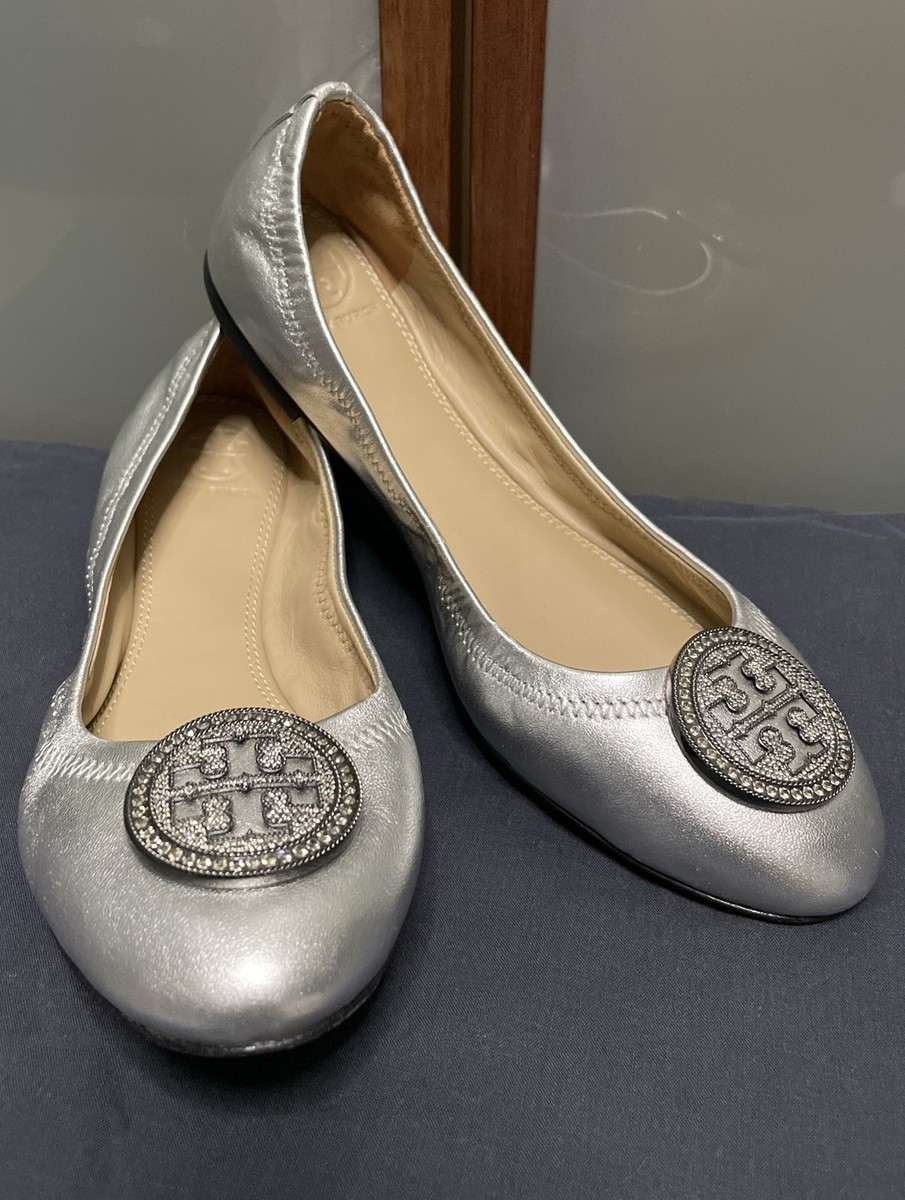 Tory Burch Liana Crystal Embellished Medallion Silver Leather Ballet Flats  M