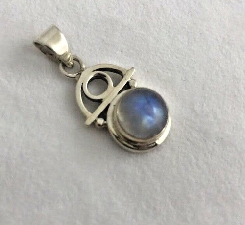 Sterling Silver .925 Ornate Wire Round Rainbow Moonstone 3/4" x 1 1/2" Pendant - Picture 2 of 8