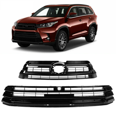 Fits 2017-2019 Toyota Highlander Front Upper and Lower Grille Gloss Black Set