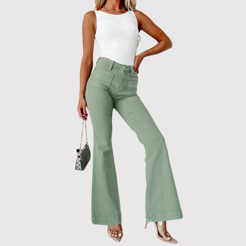 Risen Jeans Womens Olive Green Colton High Rise Denim Flared Bell Bottom 5/27