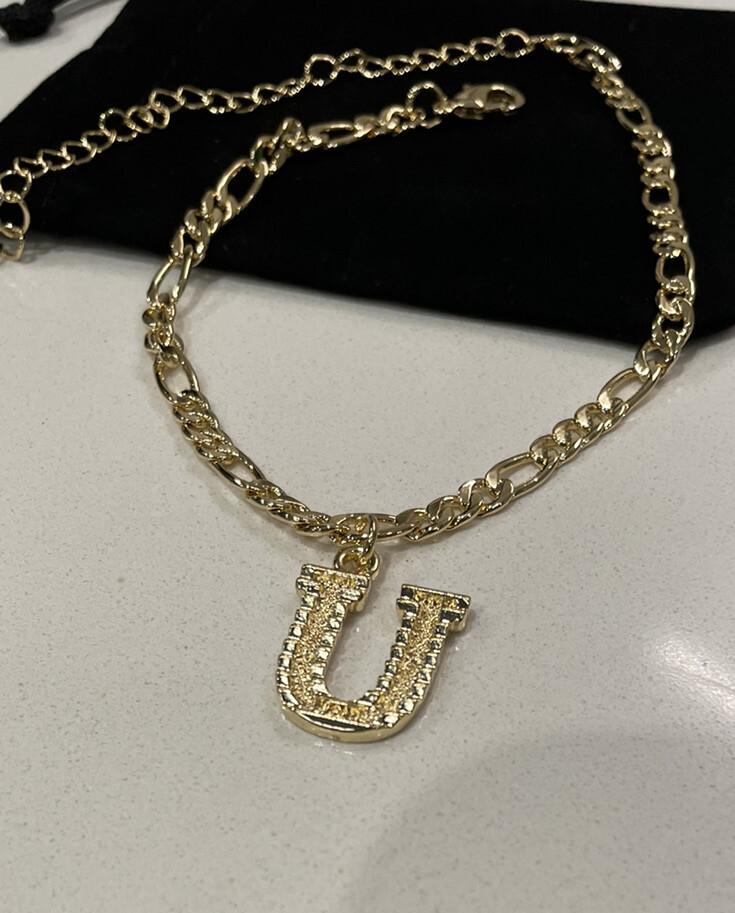 Anklet/Bracelet Gold Tone Stainless Steal Initial U, Velvet Gift Bag New!-image