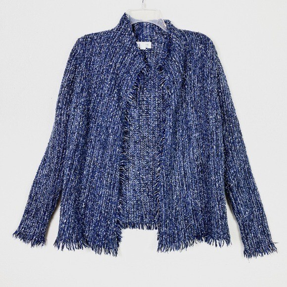 Velvet by Graham Spencer Blue Black Fringe Cardigan Sweater Size S