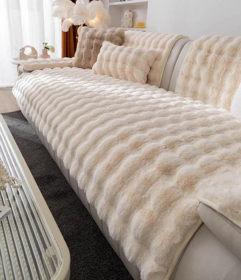 Luxury Thick Faux Fur Plush Couch Cover Ultra Soft Anti-Slip Sofa Cover Fluffy F - Image 3 of 4