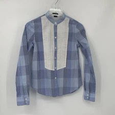 Theory Hamnet button front shirt blouse top tuxedo pleated bib blue plaid Small