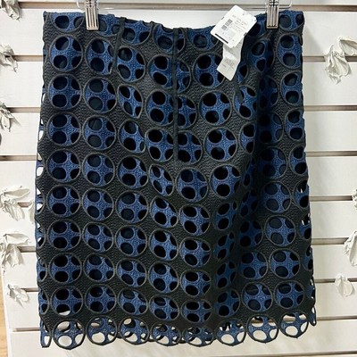 NWT Akris Punto Eyelet Laser Cut Lace Layered Mini Skirt Nero-Blu Mare Women's M
