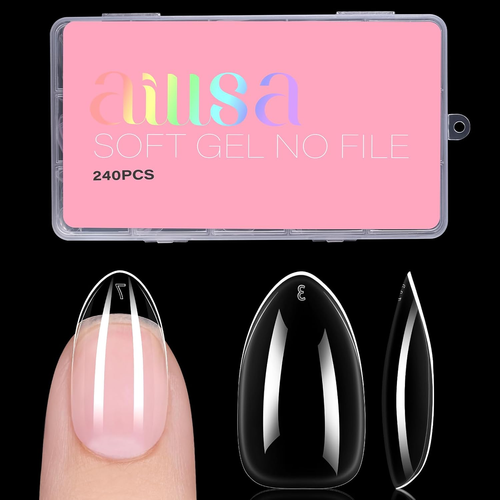 Short Almond Nail Tips 240Pc 15 Sizes Preshaped Soft Clear Gel Full Cover