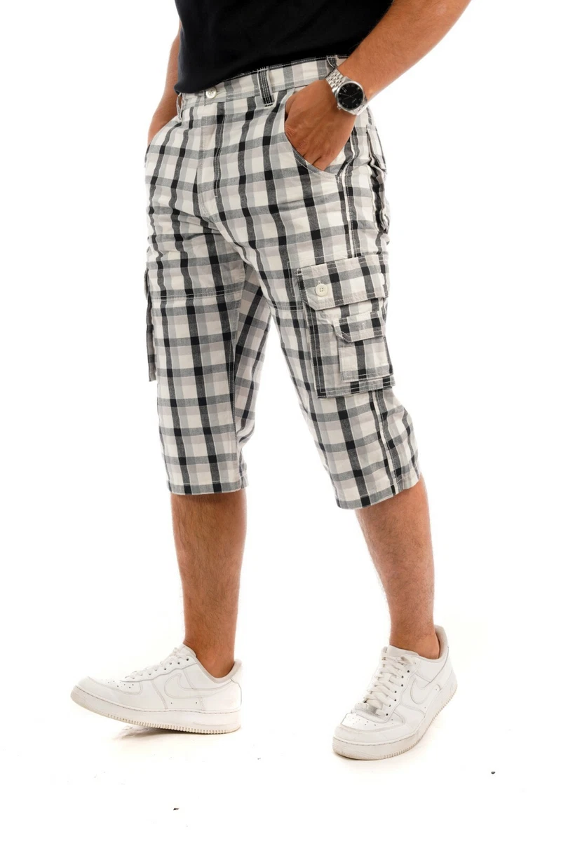 Mens 3 4 Long Length Shorts Check Cargo Combat Three Quarter 100 Cotton Trouser