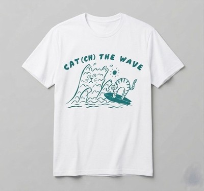 Unisex Cat Surfing ''Catch The Wave'' Summer Vacation Graphic Tee Casual