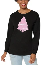 Quacker Factory Women's Dreaming of a Pink Christmas Waffle Top Black