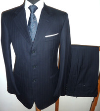 CROMBIE SUIT Wool Cashmere Blue Stripe 40 R Jacket Trousers Waist 34 L 31