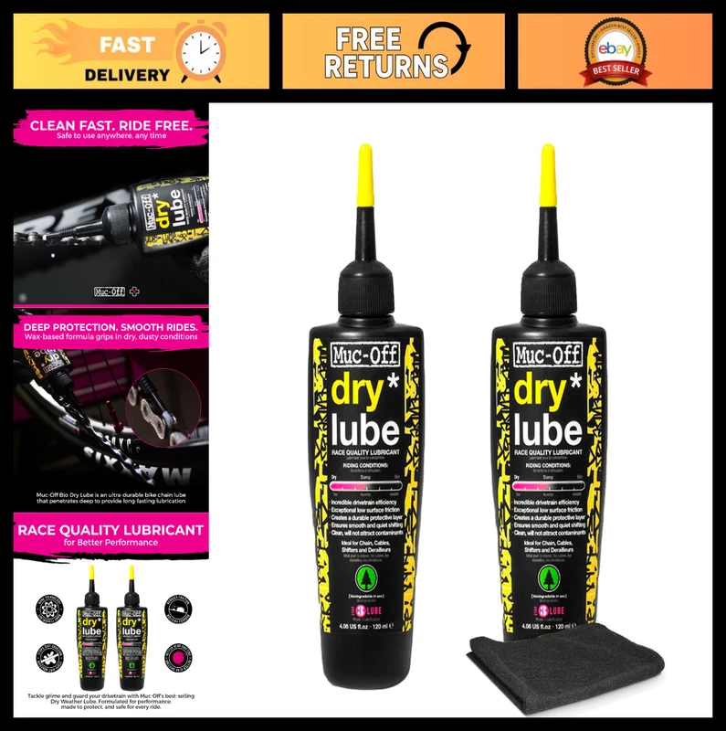 Bio Dry Bike Chain Lube 4oz (2-Pack) with Microfiber Cloth | Wax Formula for Smo