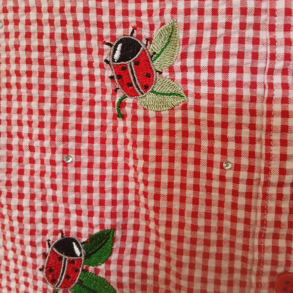 The Quacker Factory Red Check Seersucker Capri Set Sz S Ladybugs Short Sleeve - Image 2 of 4