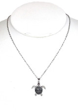 Silvertone  Black Sea Turtle Pendant accented w/CZ's - 16-19" adjustable chain
