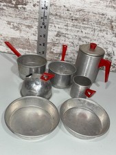 Vintage Childrens Aluminum Toy Cookware Set Pots Pans Coffee Pot Lot Of 7