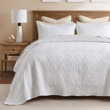WHITE XXL 3pc Queen BEDSPREAD SET : COTTON FILL MATELASSE QUILT COVERLET