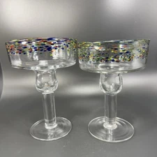 Mexican Blown Glass Margarita Glasses Cups Set 2 Clear With Multicolor Spots VTG
