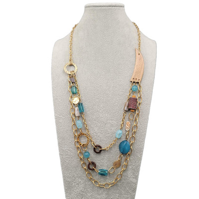 Multi Strand Blue Beaded Statement Necklace Gold Tone Chain Boho Layered 24''