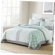 Quilt Set Queen Size, 100 Cotton Bedspread Queen 90"x98" Green/Grey/White