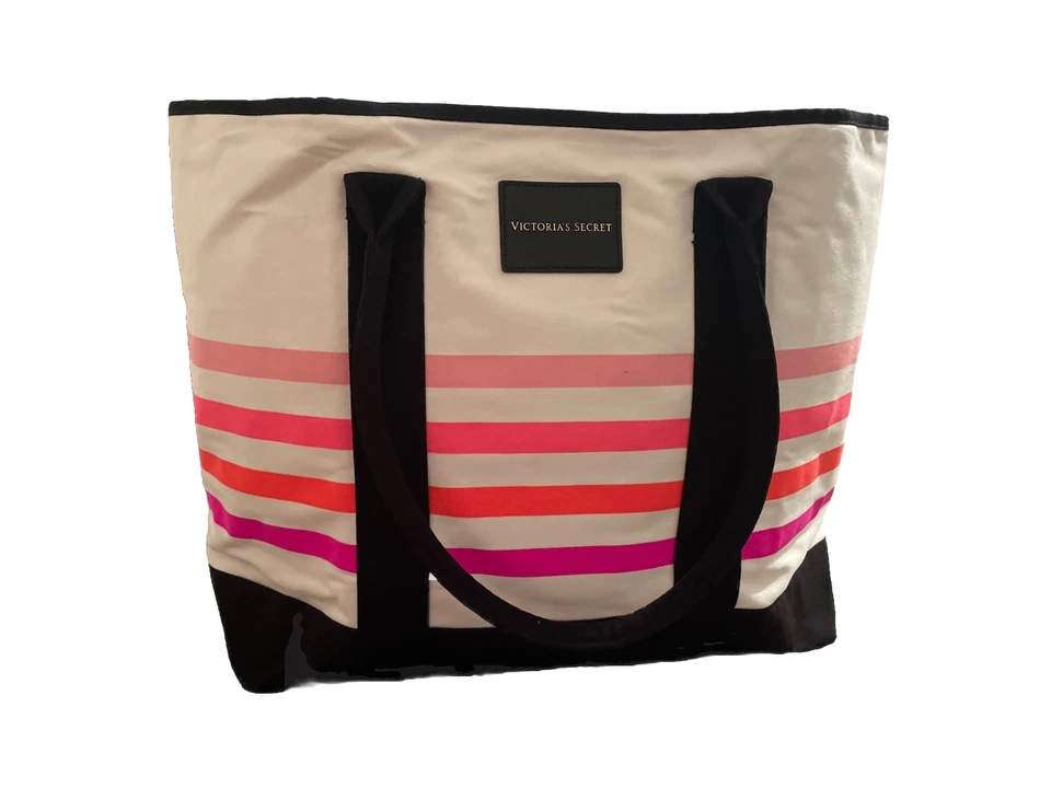 Victoria's Secret Sunkissed Large Canvas Tote Beach Bag Stripe Pink White Orange - Image 2 of 4