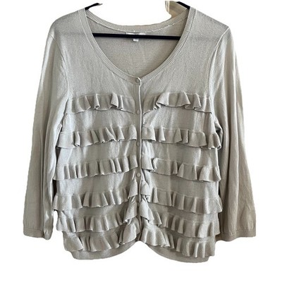 Y2K Button Up Ruffle Cardigan Tiered M/L 3/4 Sleeve Sweater Gray Chic Boho Twee