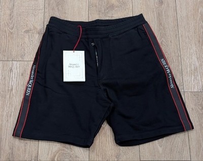 $740 Mens Alexander McQueen Selvedge Logo Tape Sweat Shorts Black Mix Large