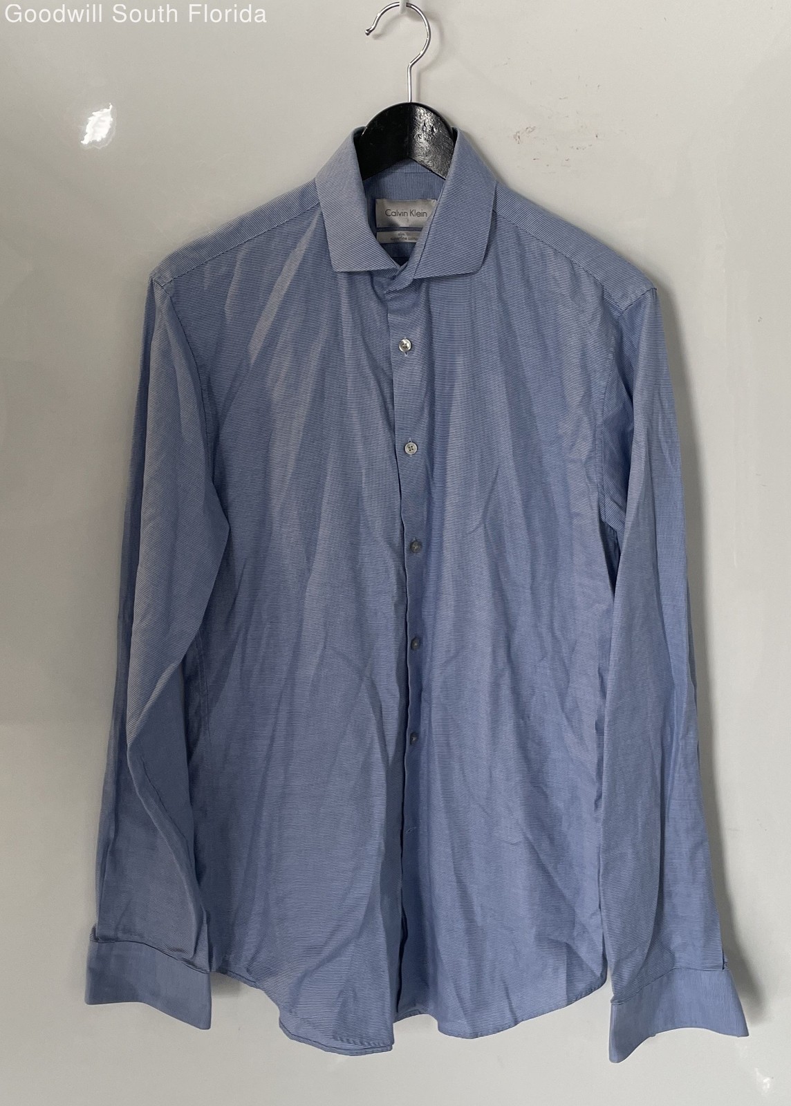 Calvin Klein Mens Blue Printed Superfine Cotton Slim Fit Dress Shirt Size 15