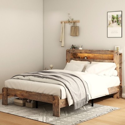 Bed Frame King Size,Wood Platform Bed Frame w/Storage LED Light Headboard and