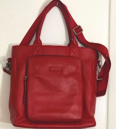 Bodhi Red Leather Computer Bag With Crossbody and Shoulder Straps.