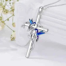 Fashion Necklace Pendant Hummingbird Cross Jewelry Gift Men & Women Silver Color