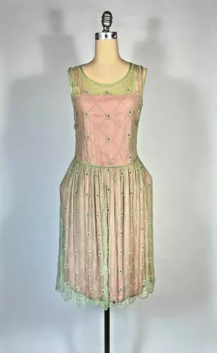Antique 1920's beaded silk 2-layer Watermelon pink & green dress w/orig panniers