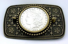 Antique Gold Color REAL 1890 Morgan Silver Dollar Belt Buckle EPBB134