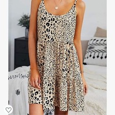 Womens Leopard Print Mini Dress Spaghetti Strap Tiered Sundress Bow Back