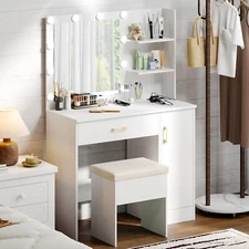 90cm Vanity Makeup Desk Lighted Mirror Dressing Table & Stool w/Charging Station